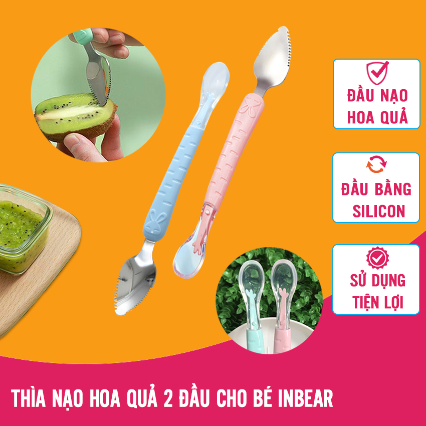 Thìa Nạo Hoa Quả Ăn Dặm Cho Bé INBEAR, 2 Đầu Tiện Lợi, 1 Đầu Nạo, 1 Đầu Silicon, Muỗng Silicon/ Thìa Ăn Dặm