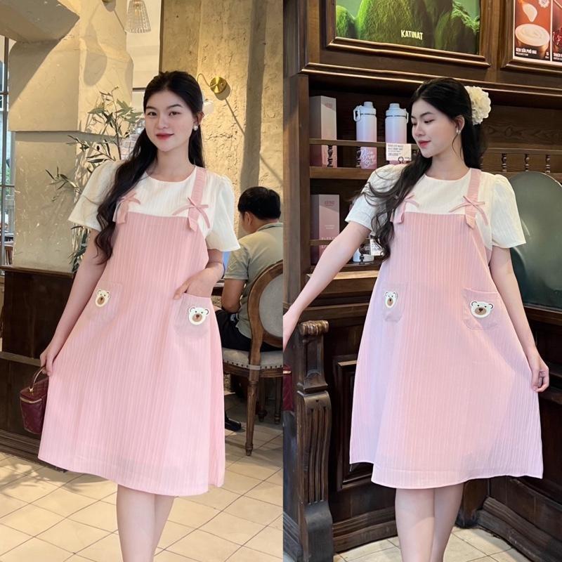 Đầm bầu yếm liền phối túi dễ thương xinh xắn, đầm bầu xinh sang chảnh đi làm đi chơi đều xinh - Nâu