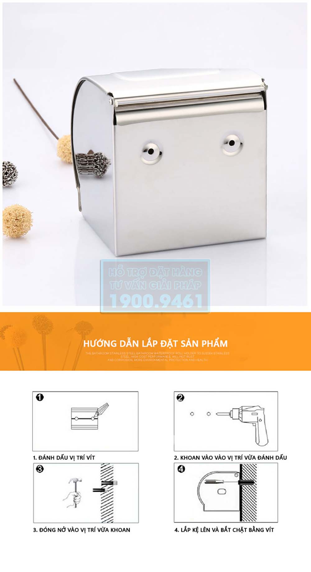 Hộp đựng giấy vệ sinh inox gắn tường cao cấp, chống ướt giấy không hoen gỉ trong môi trường chất tẩy rửa