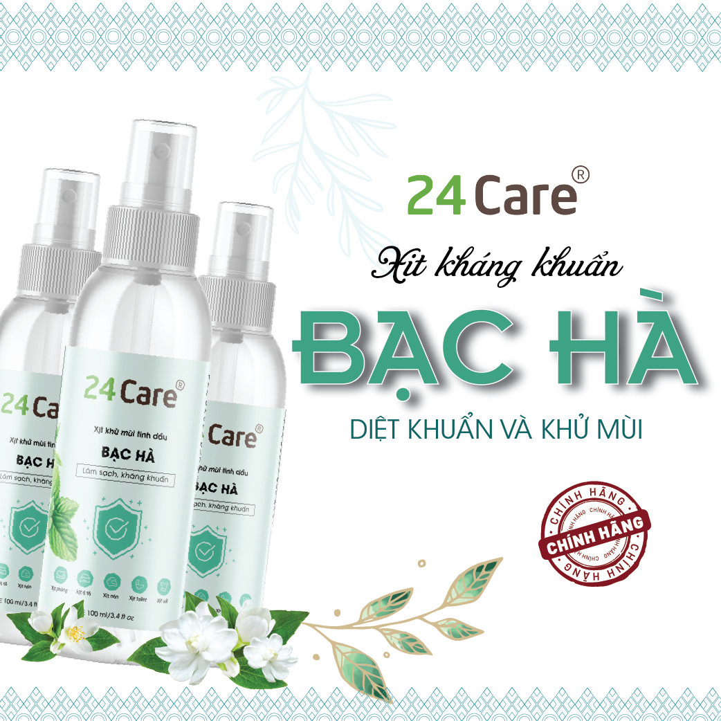 Combo 2 Tinh dầu Xịt phòng Bưởi Úc + Bạc Hà Cơ Organic 24Care 100ML/Chai