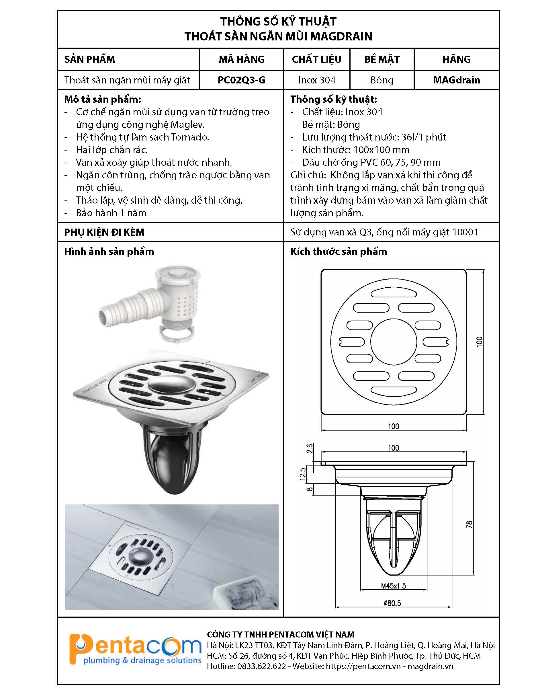 Thoát sàn ngăn mùi MAGDrain PC02Q3-G