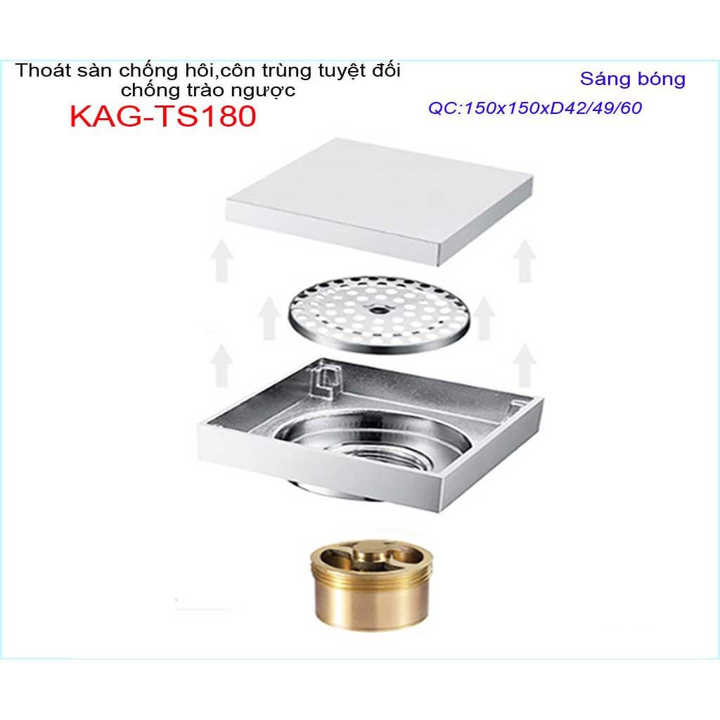 Thoát sàn chống hôi KAG-TS180 15x15cm , thoát sàn chống trào ngược, phễu thoát mặt inox kín chống côn trùng