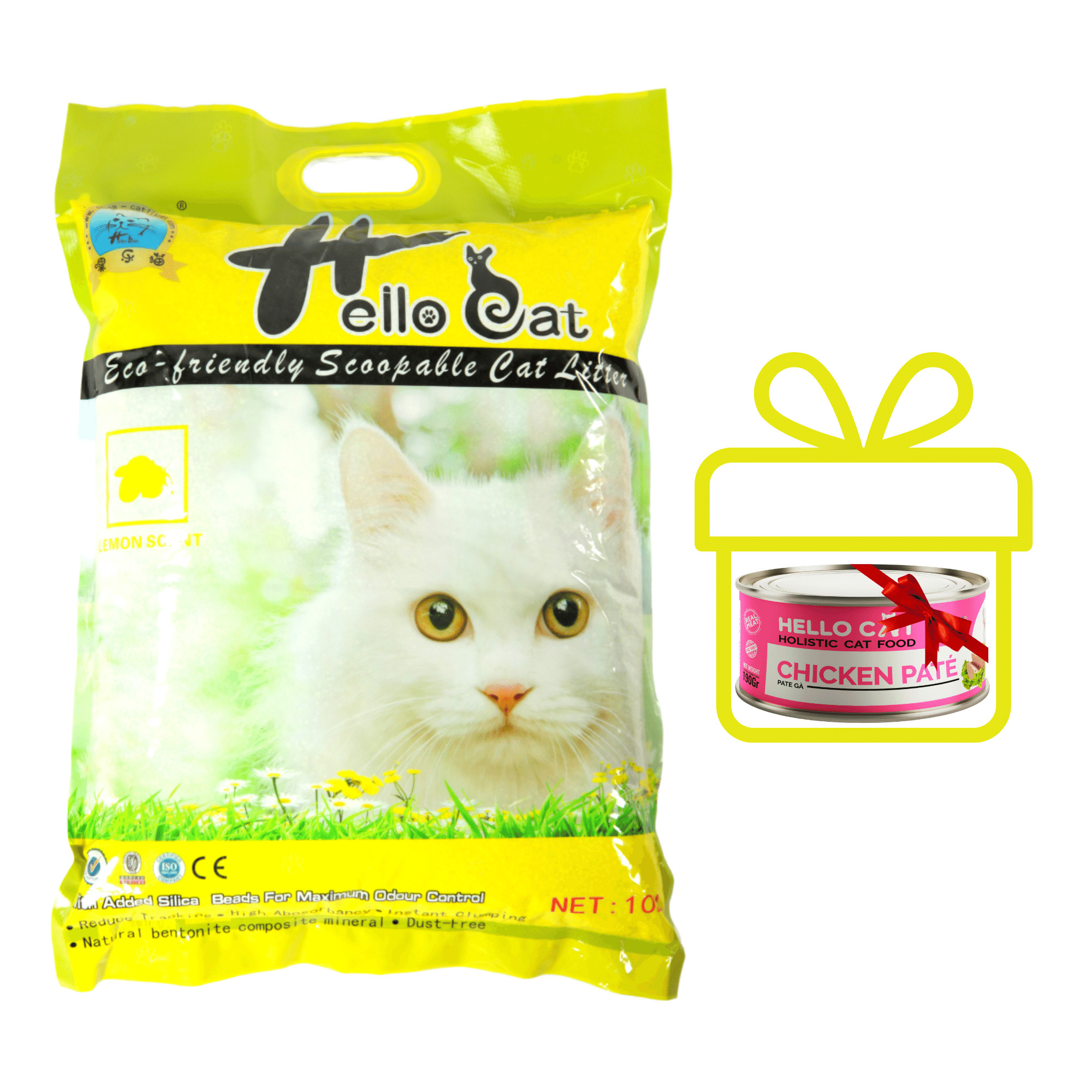 Cát Vệ Sinh Thái Lan Dành Cho Mèo Hương Chanh Không Bụi Vón Nhanh Mùi Hương Dịu Nhẹ Dễ Chịu Hello Cat Lemon Bentonite Sand (10L/7KG) - TẶNG 1 Lon Pate Hello Cat Pate Mùi Ngẫu Nhiên 190G