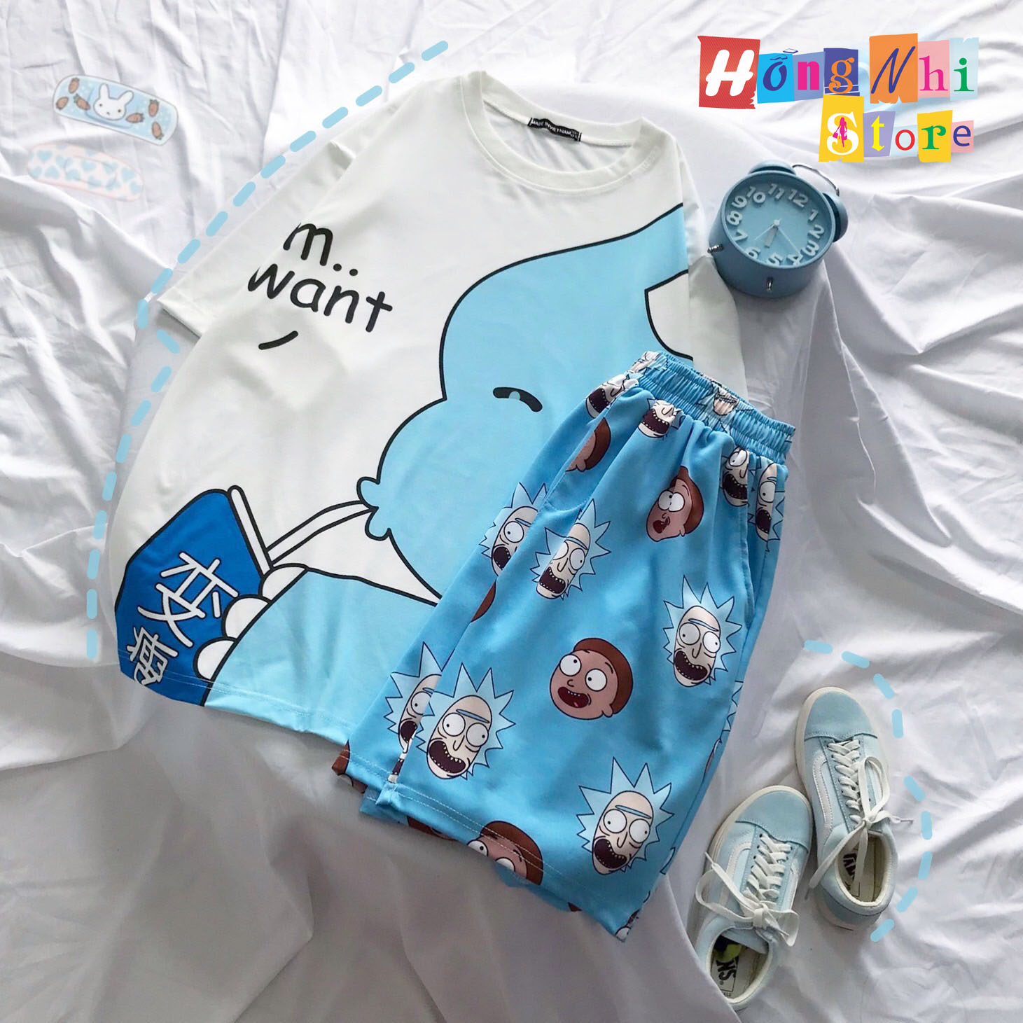 Quần Short Cartoon Unisex Màu Xanh - Quần Đùi Hoạt Hình Siêu Cute - MM