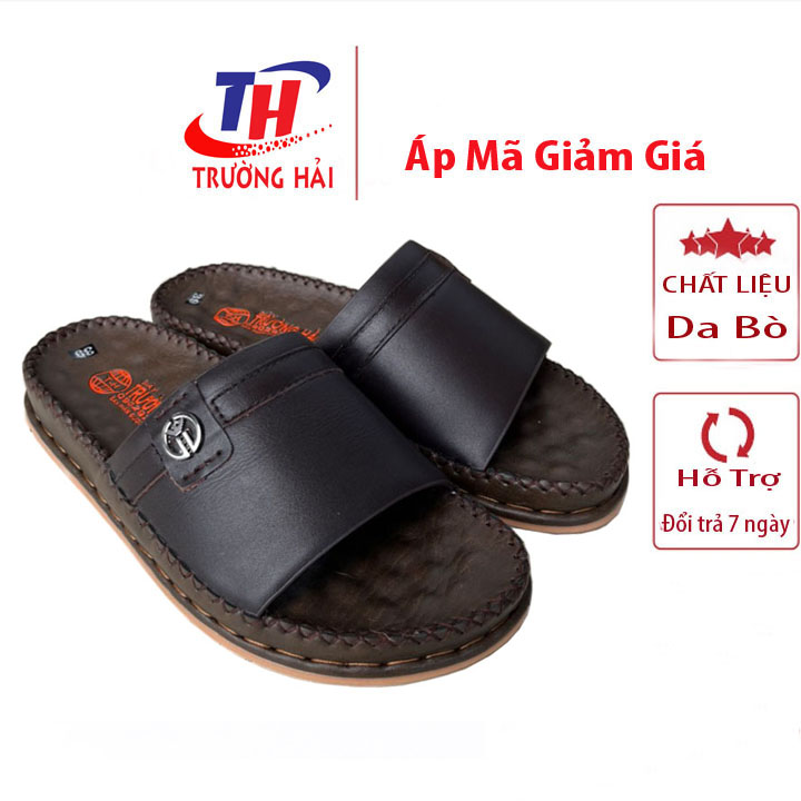 Dép nam quai ngang da bò màu nâu đế cao 3.5cm chính hãng Trường Hải may chắc chắn QN179