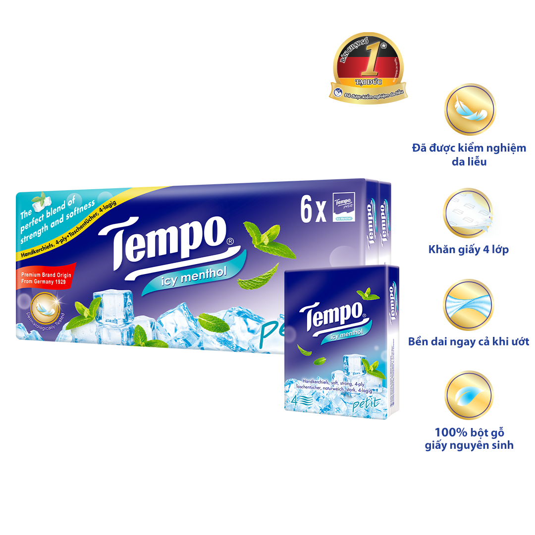Khăn giấy bỏ túi cao cấp Tempo Petit - 4 lớp bền dai, được kiểm nghiệm da liễu - Thương hiệu Đức