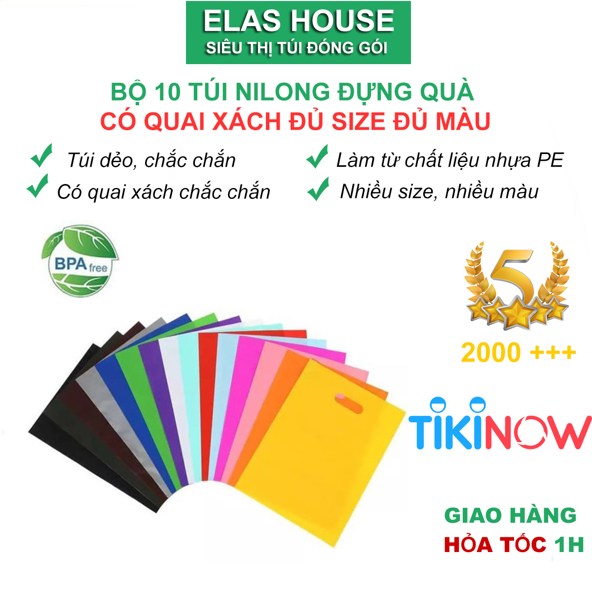 Túi nilong đựng hàng nhiều màu Elashouse Túi Pe đựng quà tặng, mỹ phẩm quần áo có quai xách ( set 10 túi)