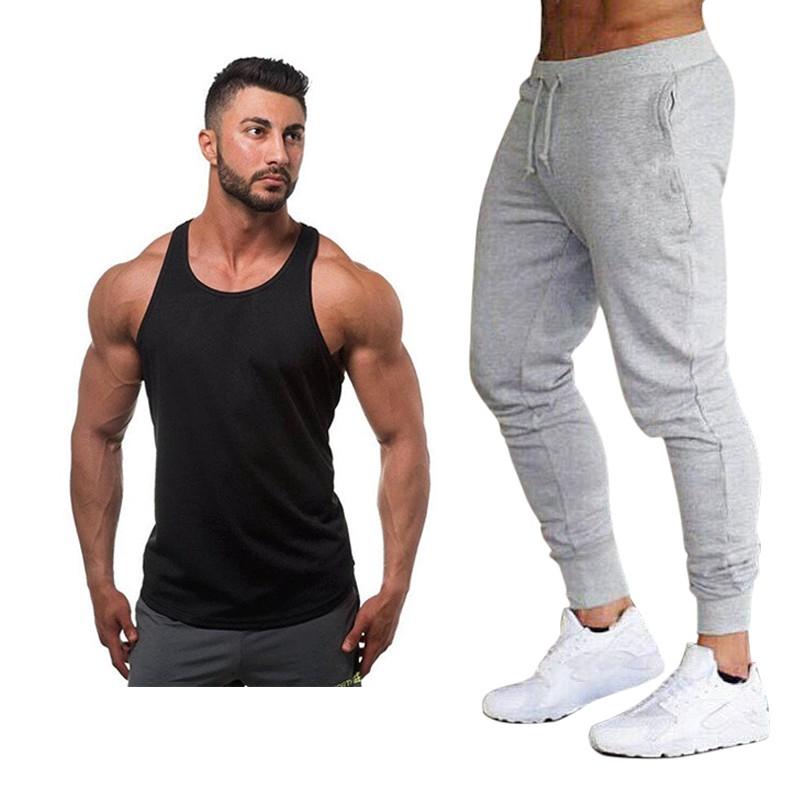 Áo thun ba lỗ + quần dài thể thao bằng cotton 95% cho nam