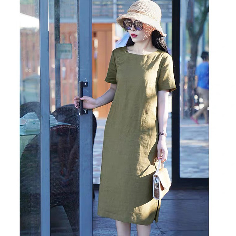 Hình ảnh Đầm suông linen tay cộc cổ vuông, chất vải linen mềm mát, thời trang xuân hè 2021