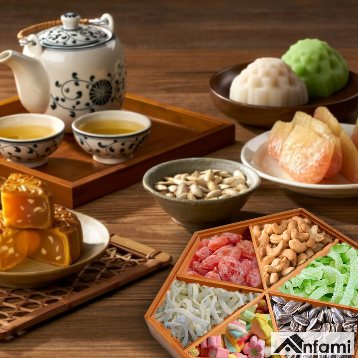 Khay Đựng Mứt Lục Giác, Khay Đựng Bánh Kẹo Tết Bằng Gỗ Tre , Hộp Đựng Hạt Dưa 6 Ngăn