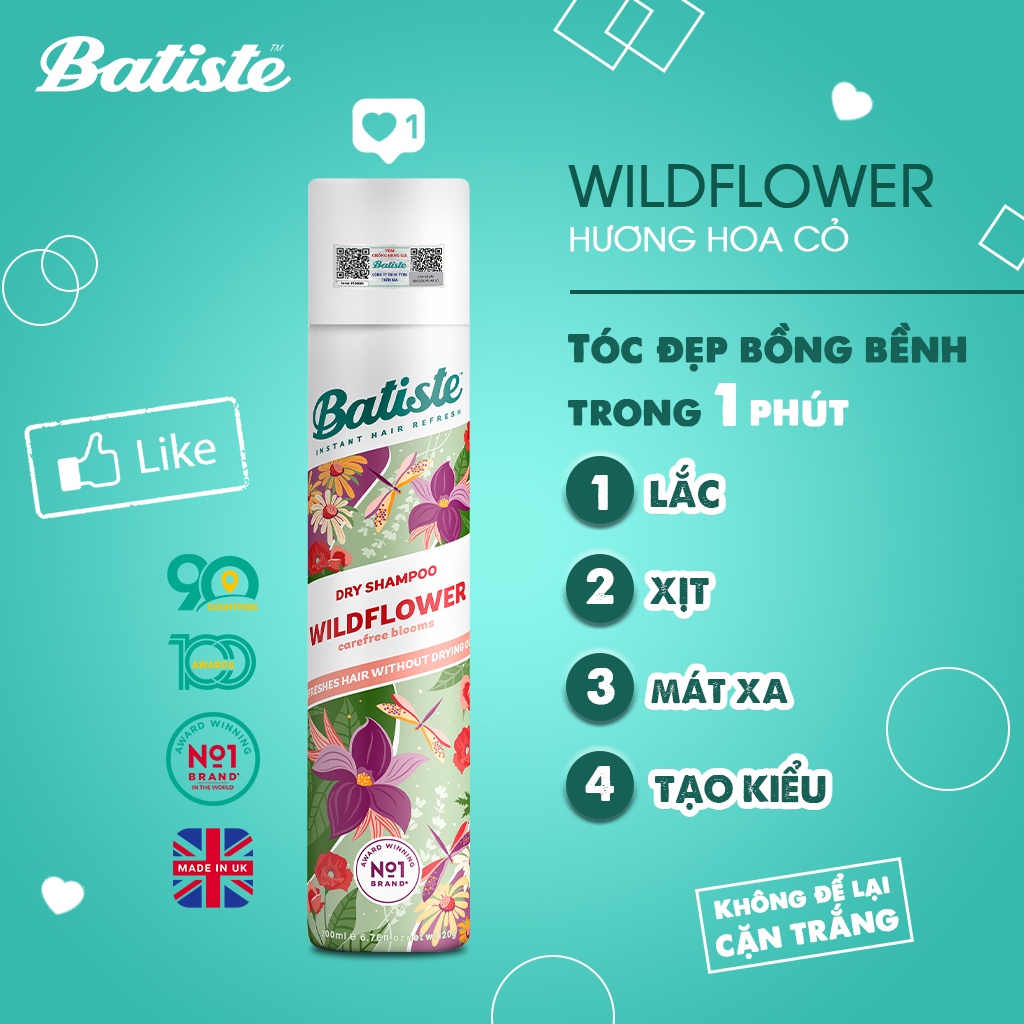 Dầu Gội Khô Batiste Hương Hoa Cỏ Nữ Tính, Tươi Mát - Batiste Dry Shampoo Fresh &amp; Feminine Wildflower 200ml