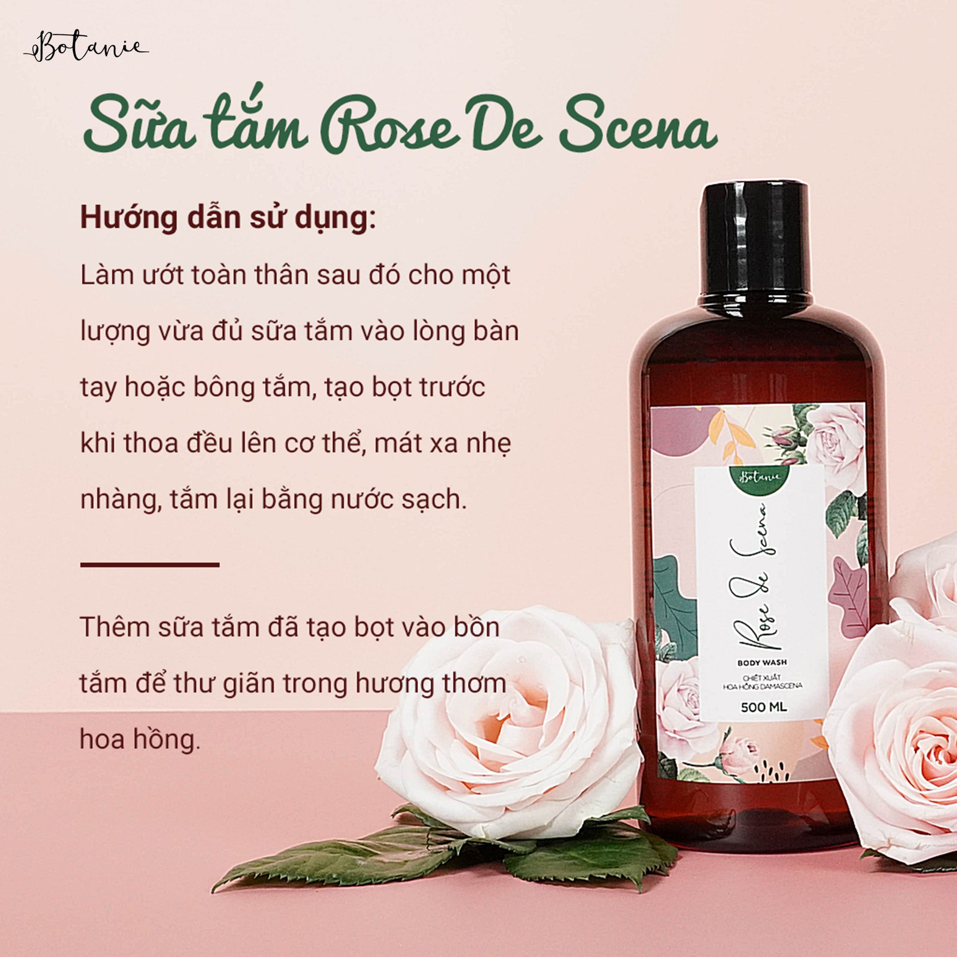 Sữa tắm cao cấp Rose de Scena 500ml - Hoa hồng Damascena - Bulgaria - Dịu nhẹ, dưỡng da mịn màng