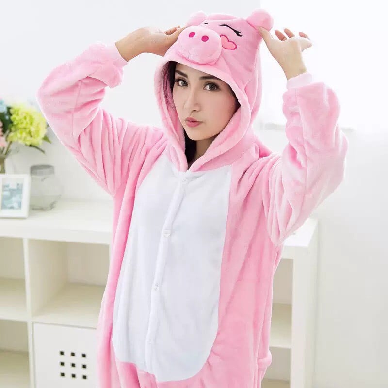 Combo Bộ đồ thú hình heo hồng kèm dép cho người lớn
