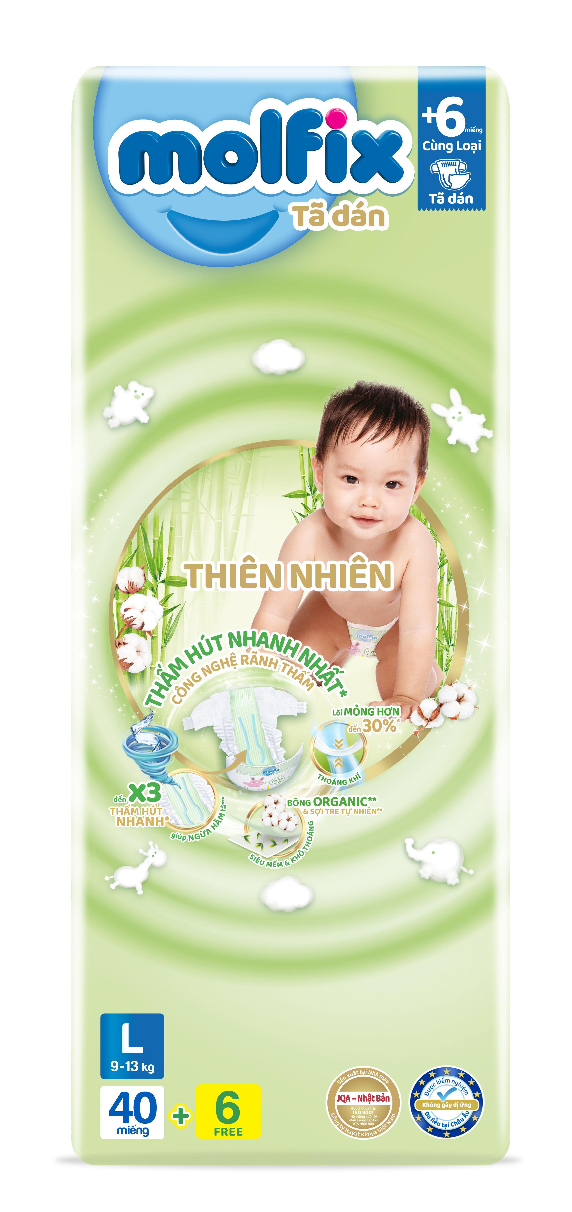 Tã/bỉm dán Molfix Thiên nhiên Jumbo L (9kg - 13kg) - Gói 40+6 miếng