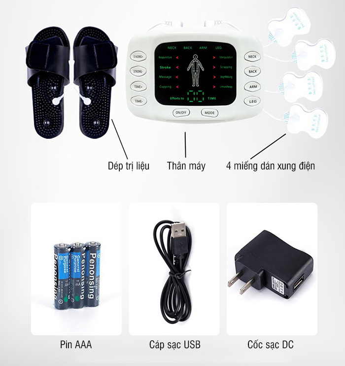 Máy Massage Xung Điện Nikio NK-105 - Máy Mát Xa 4 Miếng Dán + Dép Matxa Bàn Chân - 8 Chế Độ và 15 Cấp Độ Tùy Chỉnh, Giảm Đau Nhức Toàn Thân, Cải Thiện Tê Bì Chân