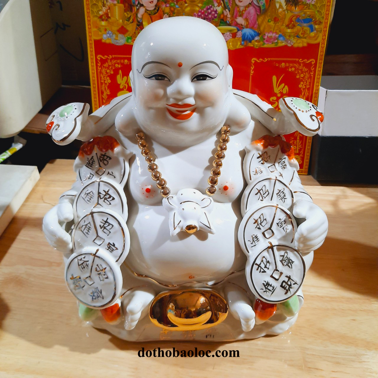 Tượng phật di lặc vác đồng t.iền bằng sứ cao 32cm
