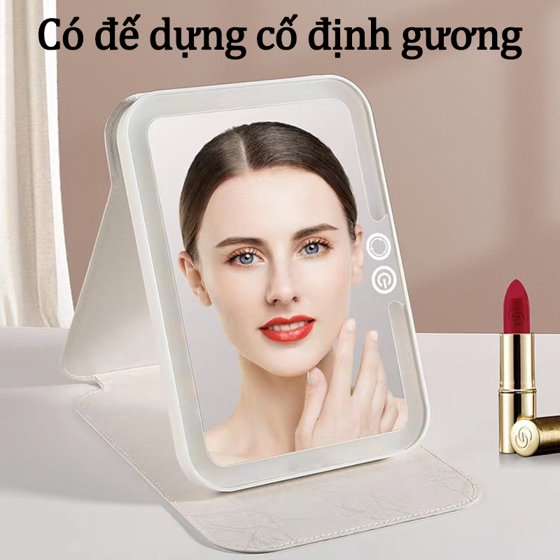 Gương Trang Điểm Để Bàn Có Đèn Led Hình Chữ Nhật Cảm Ứng Ba Chế Độ Chỉnh Được Độ Sáng Gương Bàn Trang Điểm Mini Cao Cấp Có Bao Da Chống Trượt Kiêm Gương Decor Pin Khỏe Nhiều Size Lựa Chọn