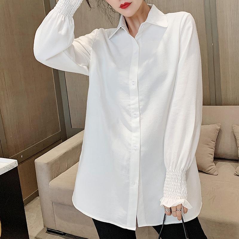 Áo Sơ Mi Nữ From Rộng Kiểu Công Sở Dài Tay Phồng Bo Chun Dáng Dài Hàn Quốc Vải Lụa Màu Trắng Cổ Đức Vintage MOLA