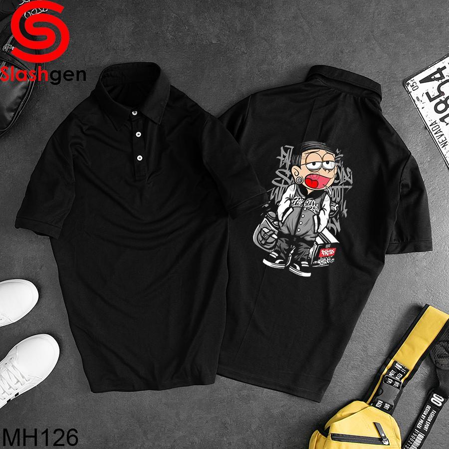 Áo Thun Nam Có Cổ MH126 Polo Đen Nobita Áo Xám Có Chữ Tàu Nghệ Thuật In Sau Lưng
