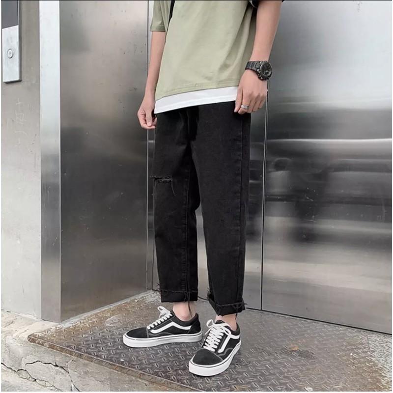 Quần Jean Baggy nam đen+ xanh sky rách gấu+ gối style hàn quốc 2021