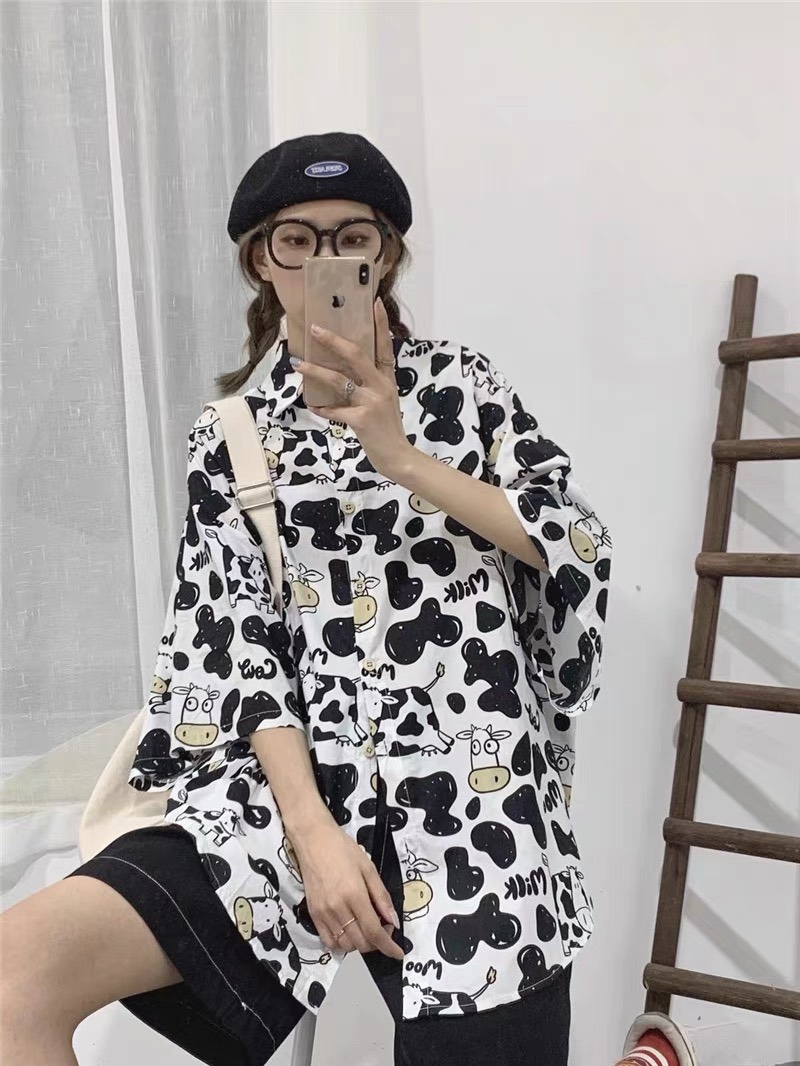Áo Sơ Mi Hoạ Tiết Tay Lỡ Dáng Rộng,Sơ Mi Con Bò Tay Lửng Unisex - MM