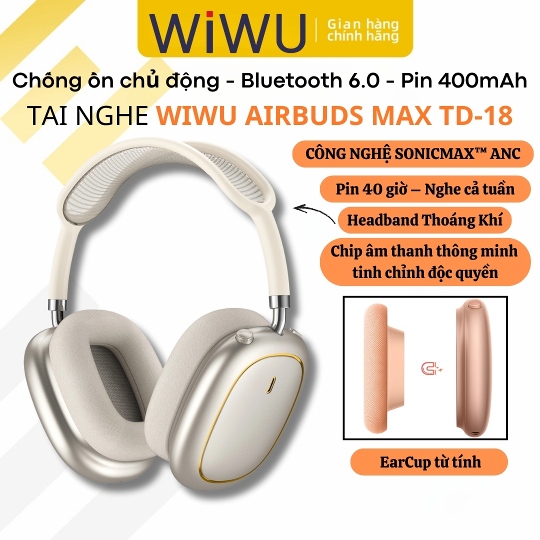 Tai nghe chụp tai bluetooth 6.0 chống ồn chủ động SonicMax ANC cao cấp WIWU Airbuds MAX TD-18 -38dB | Driver 40mm | Pin 40 Giờ | Earcups Xoay 360 | Headband Thoáng Khí - hàng nhập khẩu