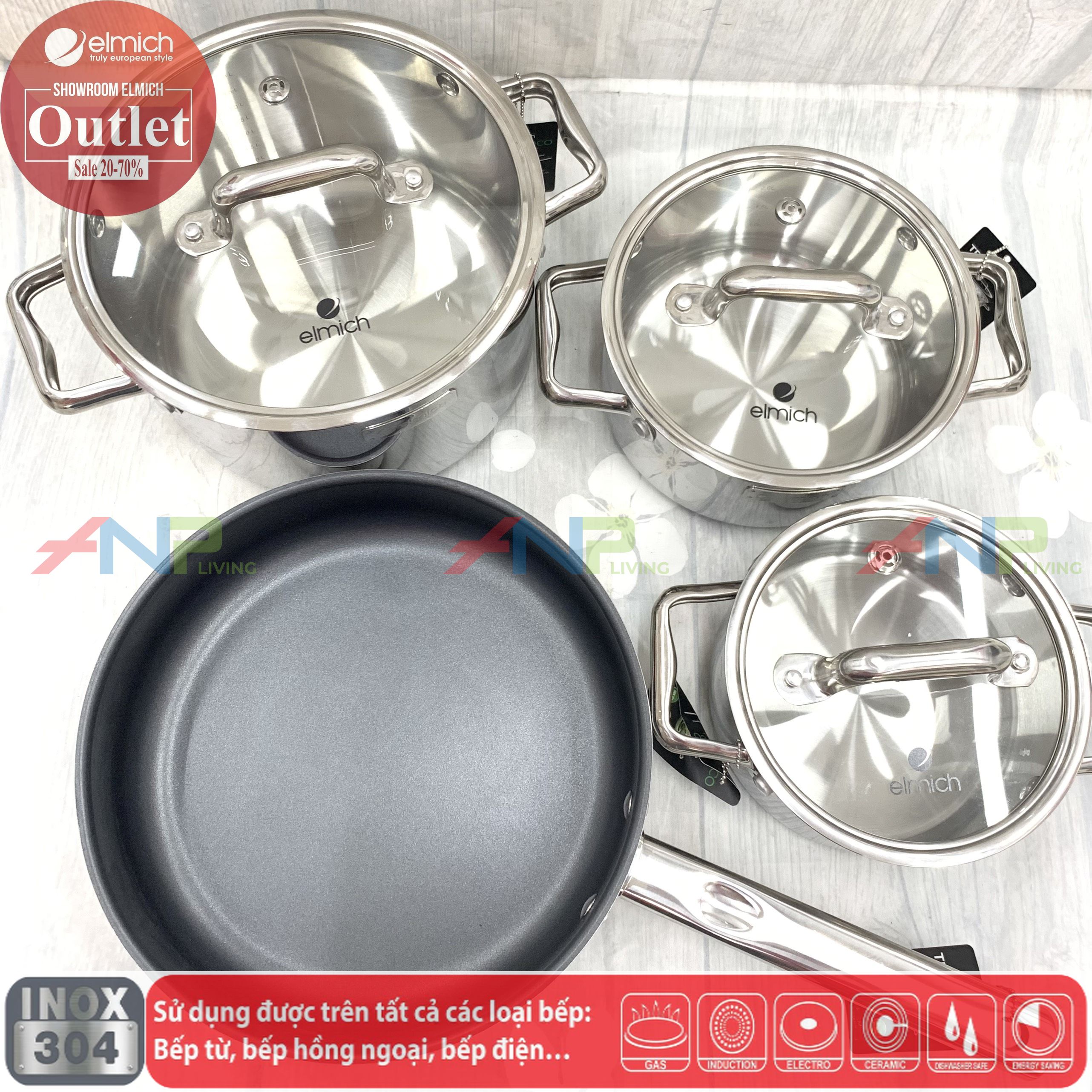Bộ 4 Nồi Chảo Inox 304 Đáy Liền Khối Elmich Trimax ECO EL-8004 size 18, 20, 26, chảo 26cm