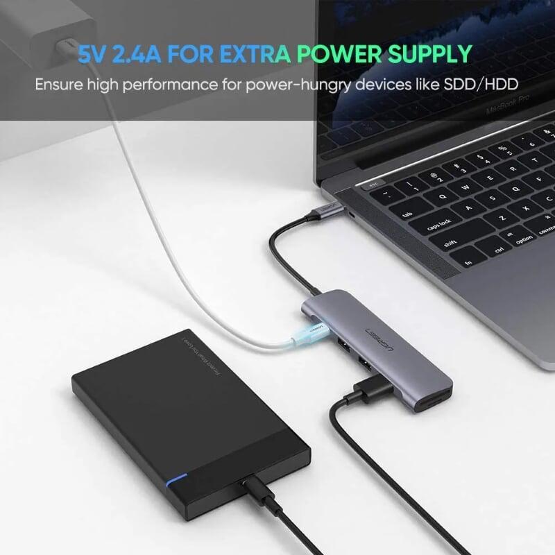 Ugreen UG50850CM195TK 20CM màu xám USB type C HUB 6 trong 1 ra USB 3.0 x 3 + Đọc thẻ TF/SD + nguồn 5V Micro USB - HÀNG CHÍNH HÃNG