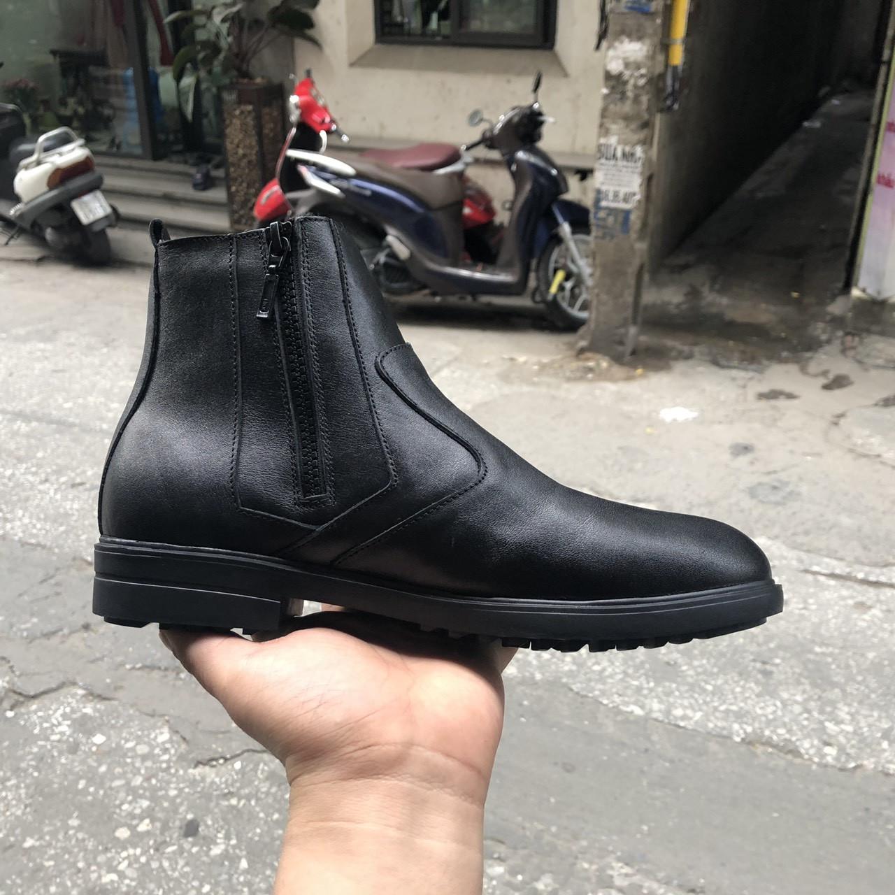 Giày Nam Chelsea Boot Cao Cổ Kéo Khóa Cao Câp SHOES 2H - 55 - Da Bò Thật Trơn Xịn Không Nhăn Màu Đen