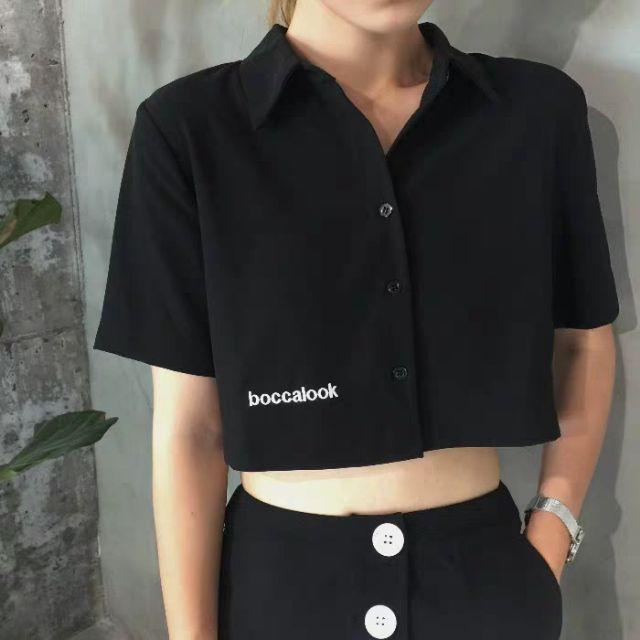 Áo croptop, áo kiểu, áo croptop có cổ, cổ bẻ, áo thêu chữ, áo có cổ chữ V