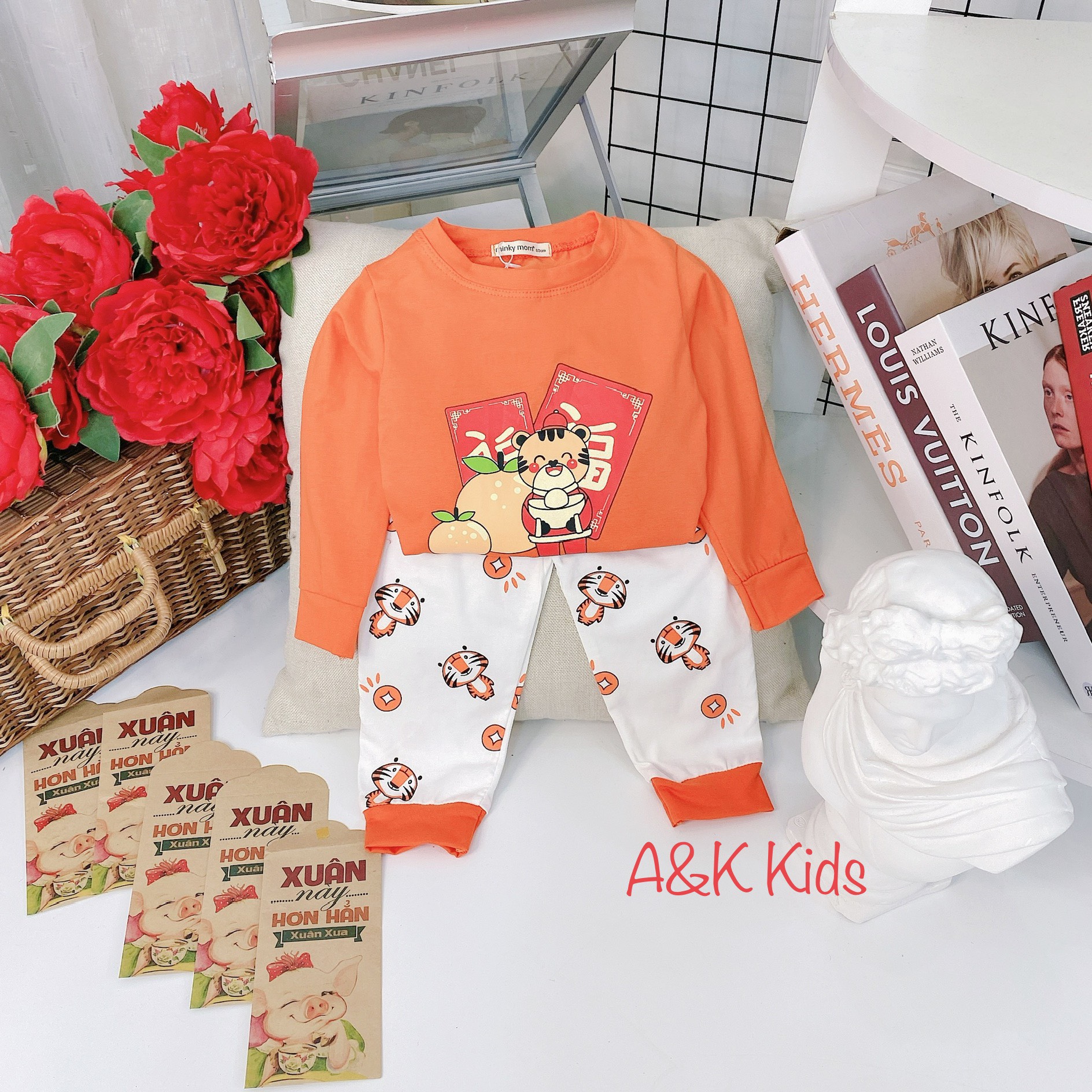 [HCM] FULL SIZE (từ 8-28kg) MINKY MOM Bộ cotton dài tay phối màu họa tiết TẾT 2022 cho bé trai bé gái