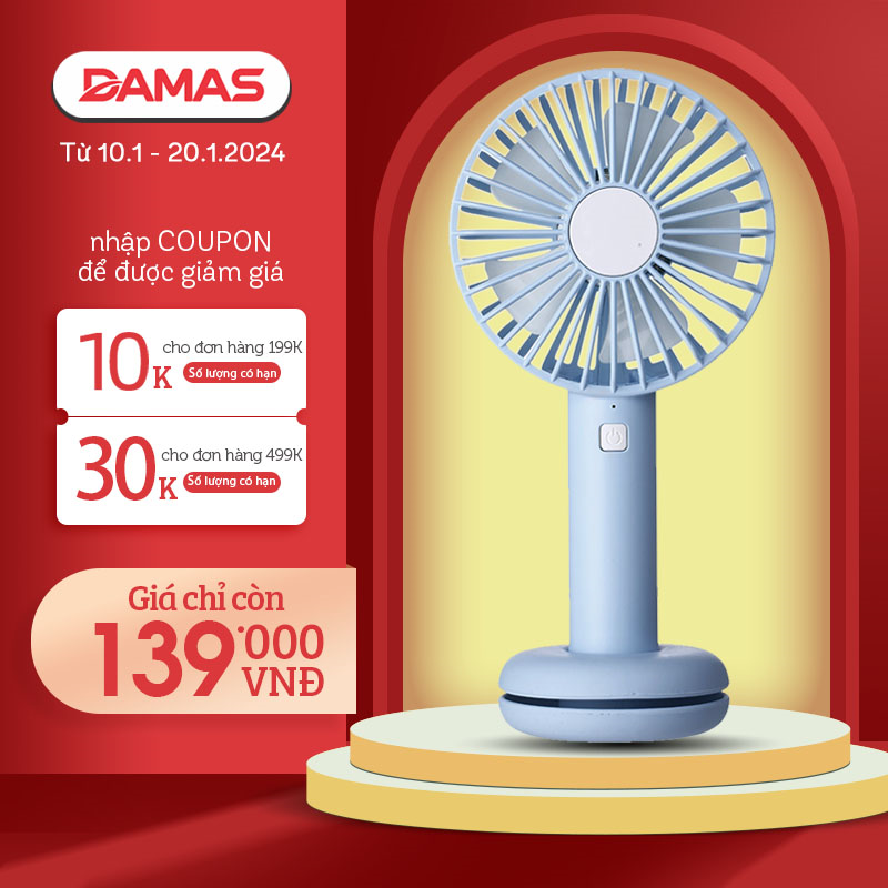 Quạt Điện Mini Cầm Tay Tích Điện Damas T9 - Thiết kế với 3 chế độ gió, đèn Led 7 màu siêu đẹp mắt, kiểu dáng nhỏ gọn tiện lợi, có thể cầm tay, để bàn tiện dụng - Hàng Chính Hãng