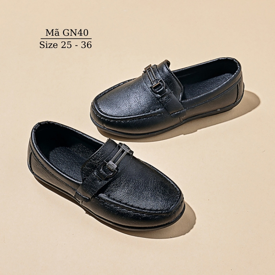 Giày lười bé trai, giày Moca màu đen/trắng trẻ em học sinh nam 2 - 8 tuổi mặc vest đi tiệc phong cách sang trọng lịch sự NHÍM SHOP GN40