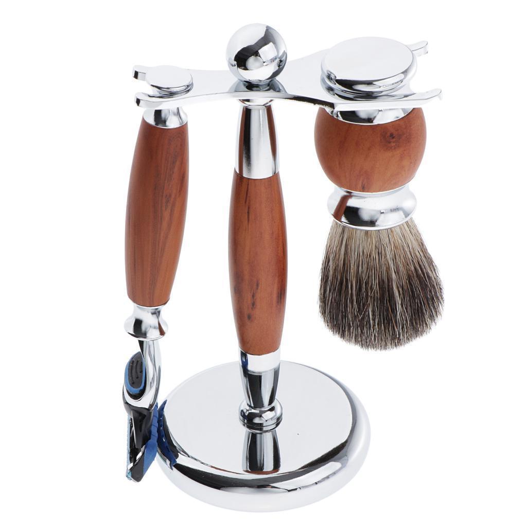 Zinc Alloy + Wood Mens Shaving Kit Gift Set W/5 Layer Blade Razors Brush & Stand Holder