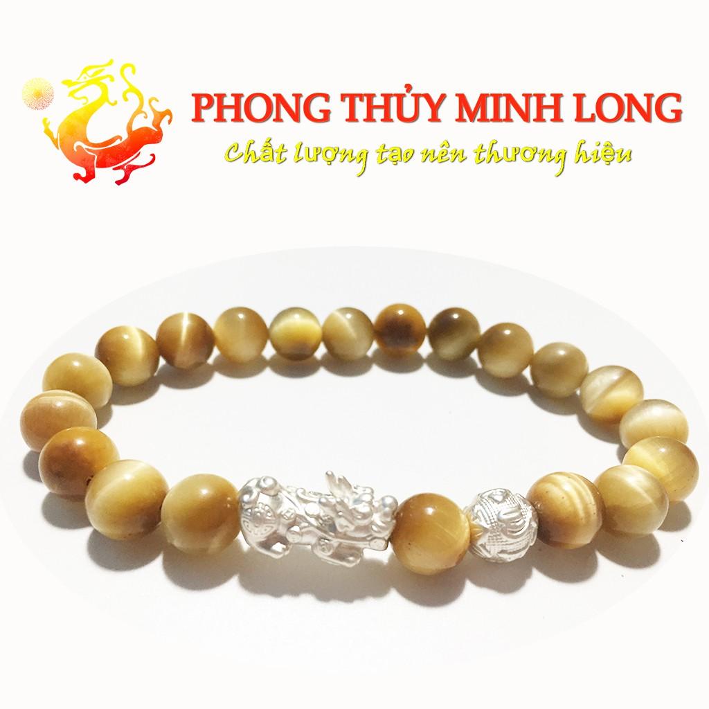 Vòng tay đá Mắt Hổ Vàng Tâm chất lượng 5A mix tỳ hưu và 1 hạt kim tiền bạc hợp mệnh Thổ và mệnh Kim