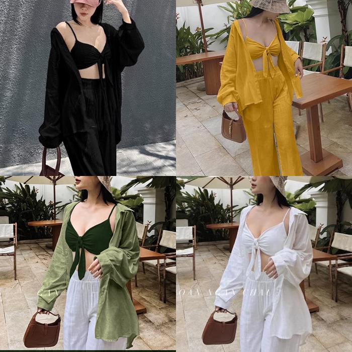 SET ÁO DÂY CROPTOP BIKINI LƯNG THUN ĐI BIỂN + QUẦN DÀI ỐNG SUÔNG ĐỨNG LƯNG CAO ỐNG RỘNG + ÁO SƠ MI RỘNG TRƠN DẠO PHỐ