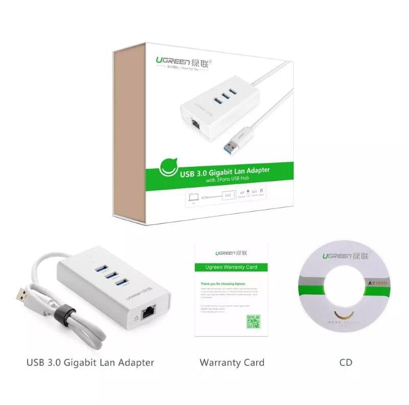 Ugreen UG20262CR102TK 50CM màu Trắng HUB chuyển đổi USB 3.0 sang 3 USB 3.0 + LAN tốc độ 100Mbps - HÀNG CHÍNH HÃNG