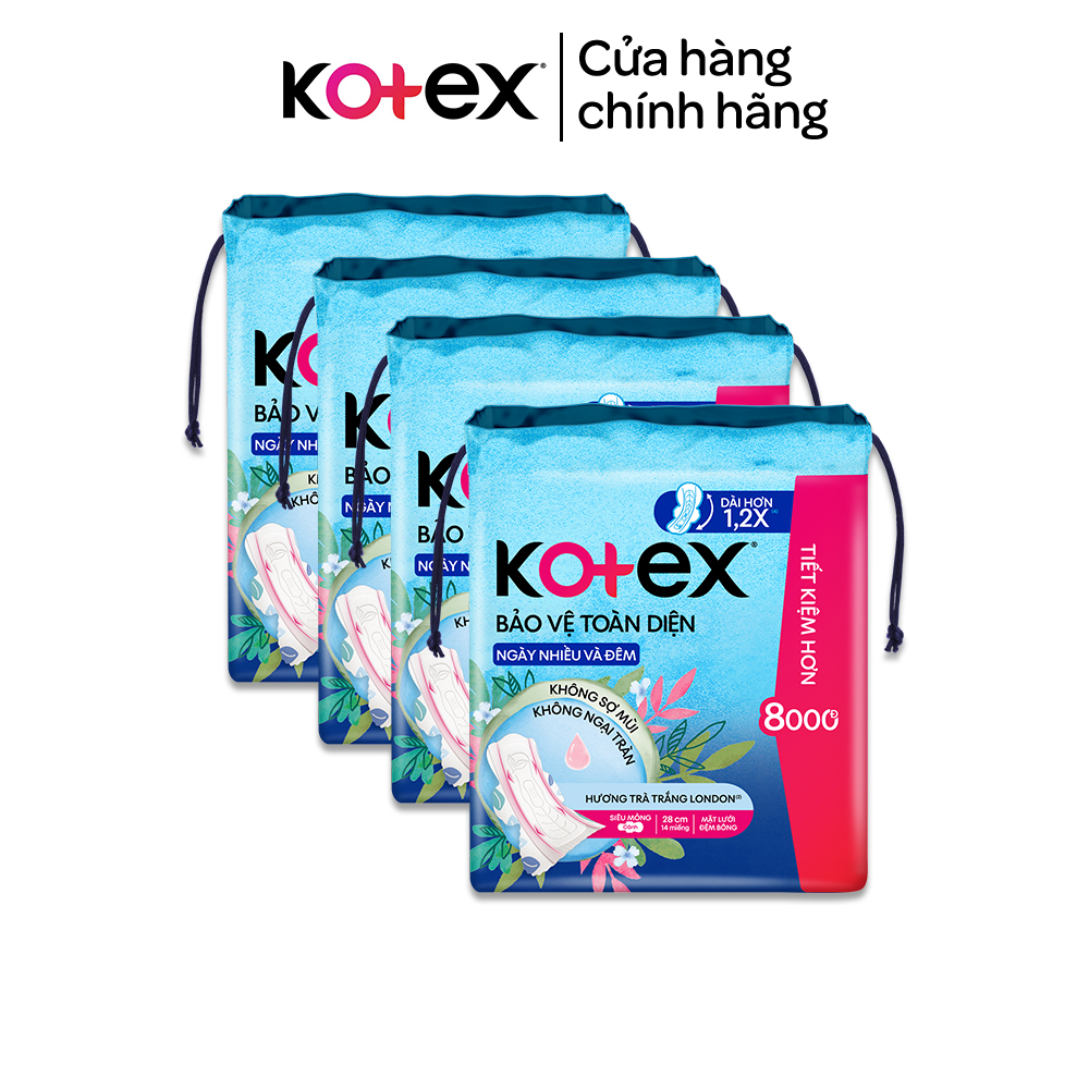 Lốc 4 Gói băng vệ sinh Kotex Bảo Vệ Toàn Diện Ngày Nhiều và Đêm 28cm Siêu Mỏng Cánh 14 miếng/ gói