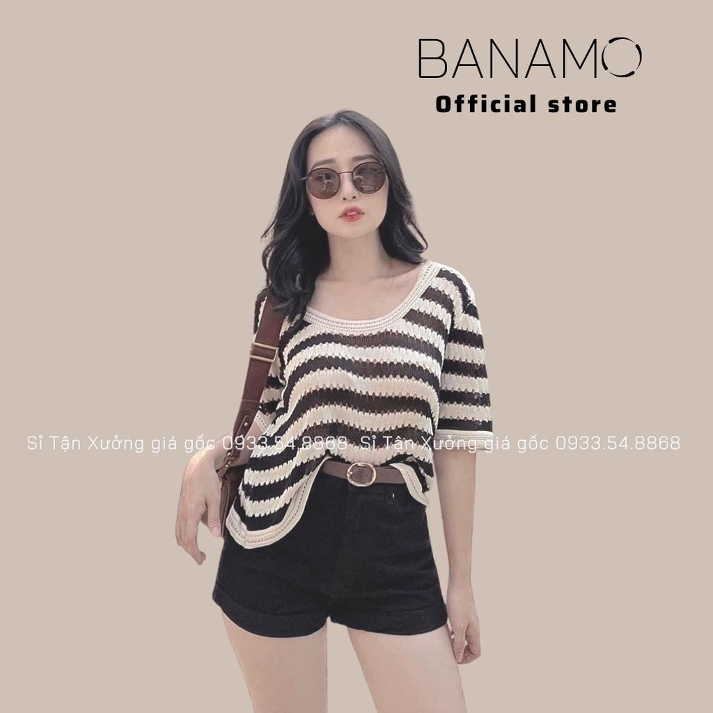 Áo len dệt kim ngắn tay họa tiết kẻ ngang phong cách hàn quốc thời trang Banamo Fashion áo len kẻ ngang 3415