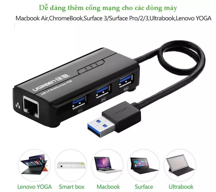 Ugreen UG20266CR103TK 28CM màu Đen HUB chuyển đổi USB 3.0 Sang 3 USB 3.0 + LAN cao cấp - HÀNG CHÍNH HÃNG