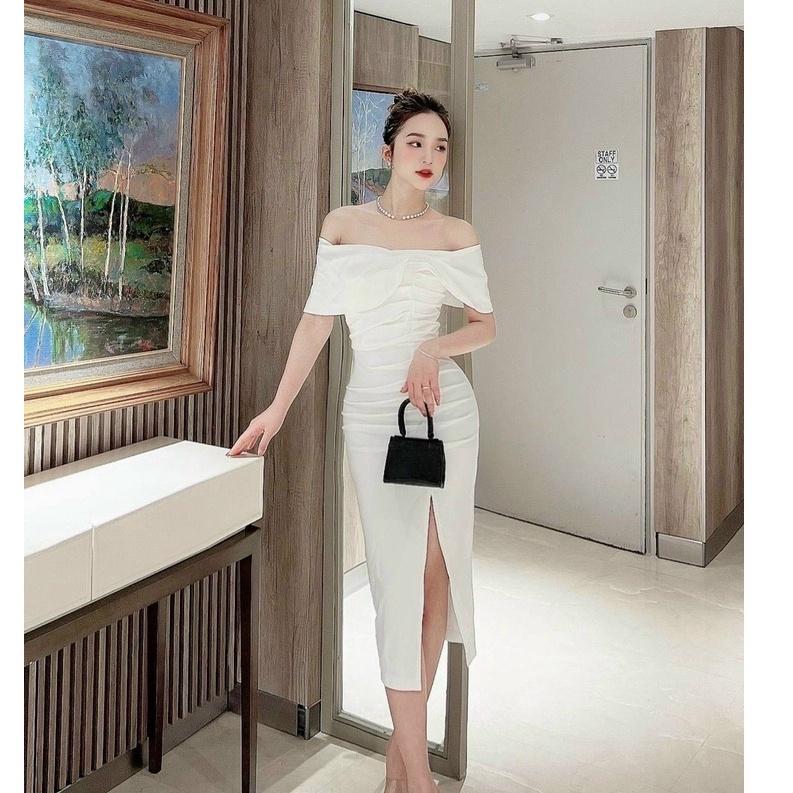 Đầm kiểu nữ trễ vai ôm body sẻ tà tay ngắn eo xếp ly có kèm mút thiết kế cho phái đẹp Kgia fashion