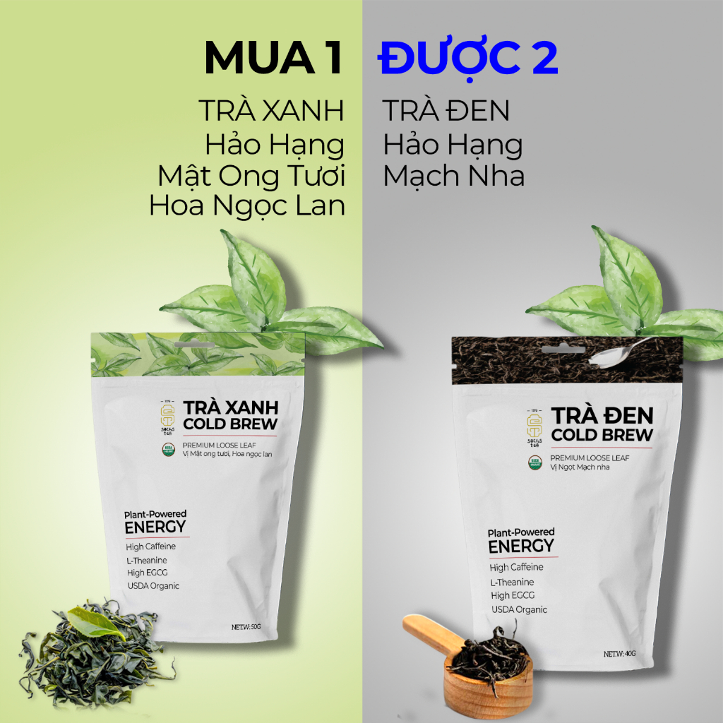 Combo Trà Cold Brew Trà Xanh &amp; Trà Đen Hữu Cơ - Chứng Nhận USA Organic, Nguyên Lá, Túi Zip 100g