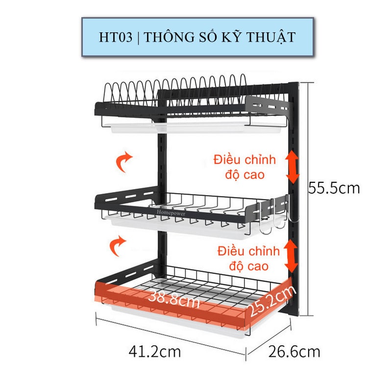 Kệ Để Chén Bát Treo Tường Đa Năng Homepower Inox 201 Sơn Tĩnh Điện Cao Cấp, Có Khay Hứng Nước, Lồng Đũa, Khay Để Dao Kéo Tiết Kiệm Không Gian Bếp, Tặng Kèm 3 Móc Treo Tiện Lợi - Hàng Chính Hãng