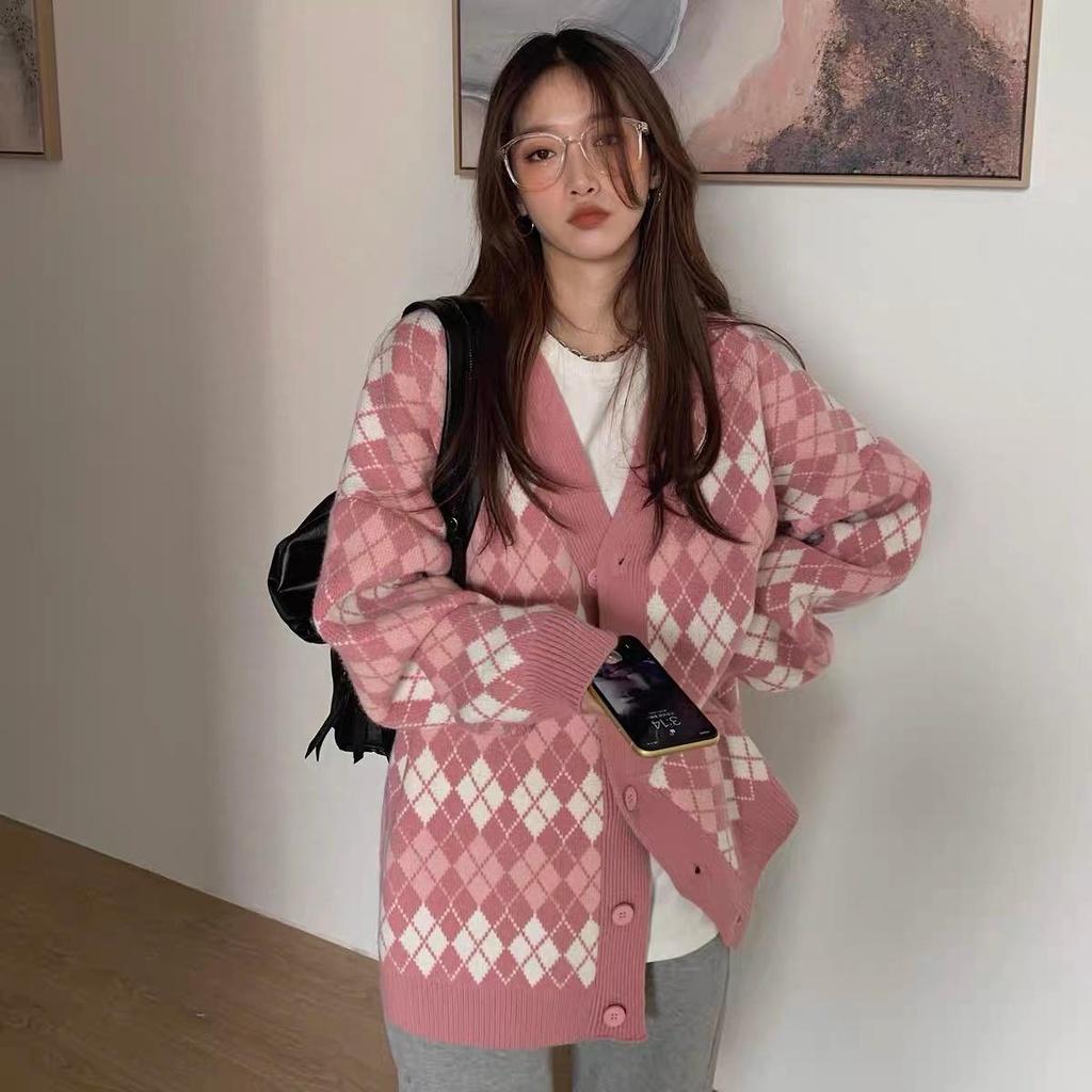 MS780 Áo khoác len cardigan kim cương form dài rộng cổ tim Hàn Quốc