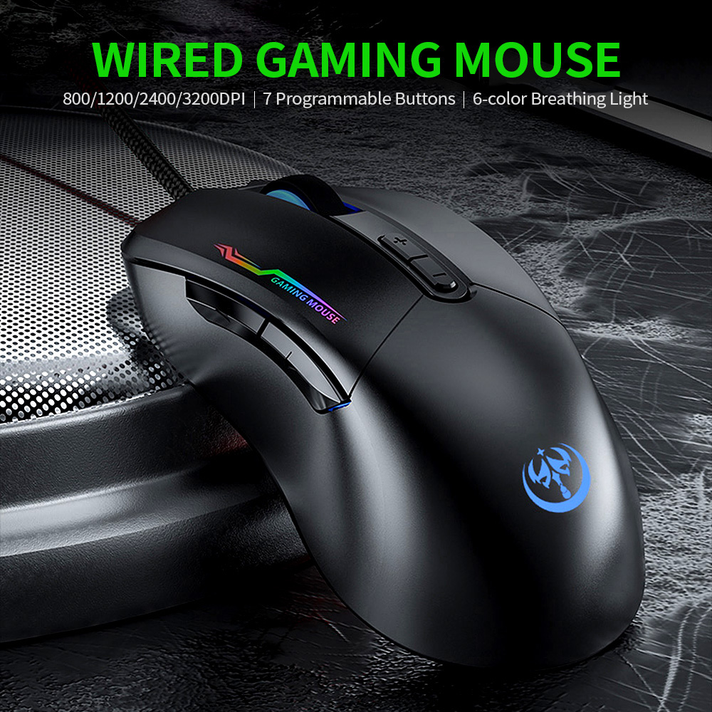 Chuột Chơi Game Có Dây 3200DPI 4 Mức DPI Có Thể Điều Chỉnh 7 Nút Nhấn, Màu Đen Sáng