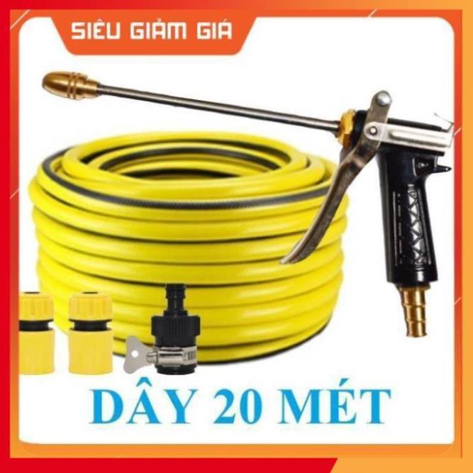 Bộ dây vòi xịt nước rửa xe, tưới cây . tăng áp 3 lần, loại 20m 206318 đầu đồng, cút, nối đen