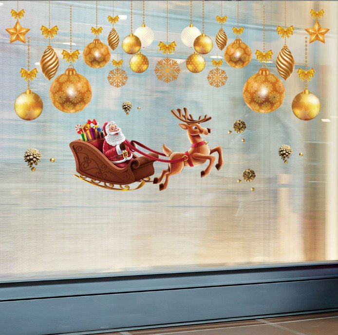Decal trang trí Noel - Ông già Noel cưỡi tuần lộc và rèm châu vàng