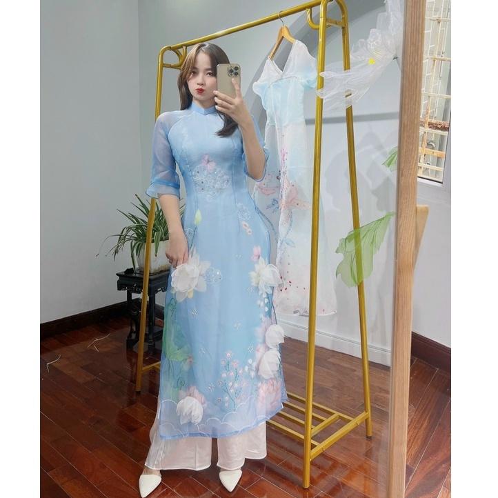 Áo dài cách tân 4 tà thêu hình sen 3D vải organza cao cấp