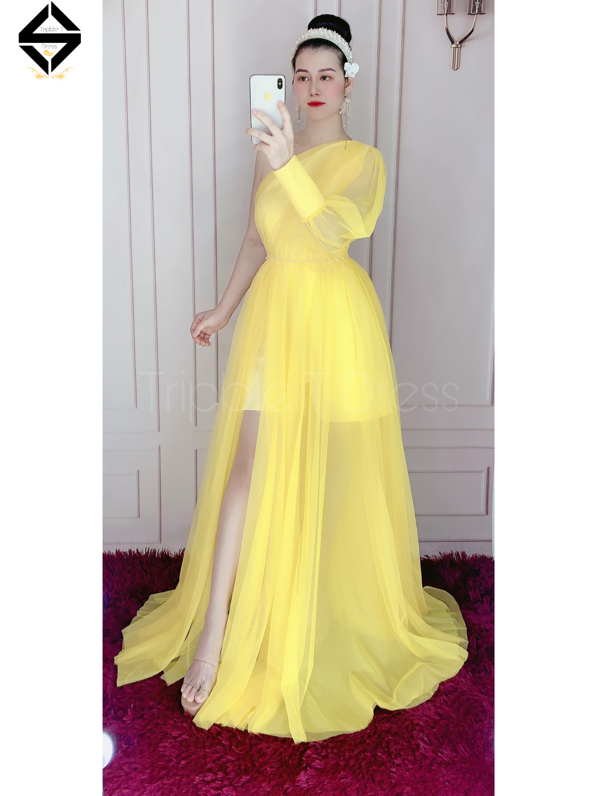 Đầm maxi dự tiệc lệch vai tay dài kết ngọc TRIPBLE T DRESS - size M/L - MS132V