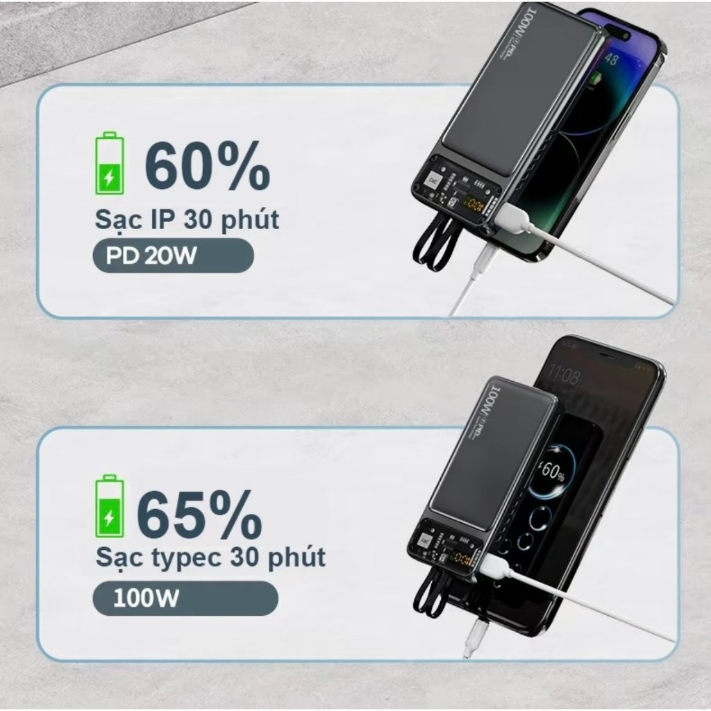 Sạc dự phòng 30000mah HXSJ DX159 công suất nhanh 100w dung lượng pin lớn có sẵn dây cho điện thoại - Hàng Chính Hãng
